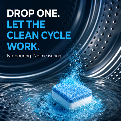 Square washing machine cleaner tablet dissolving in an empty drum