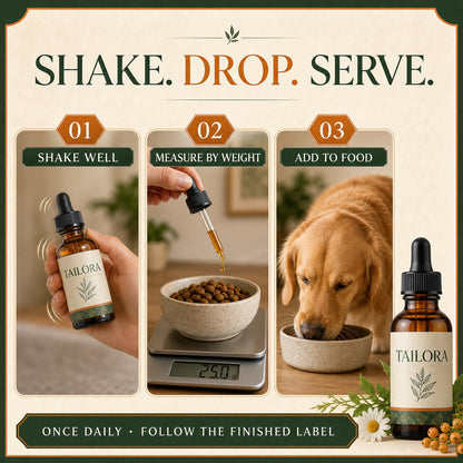 Three-step shake measure and serve guide for TAILORA dog drops