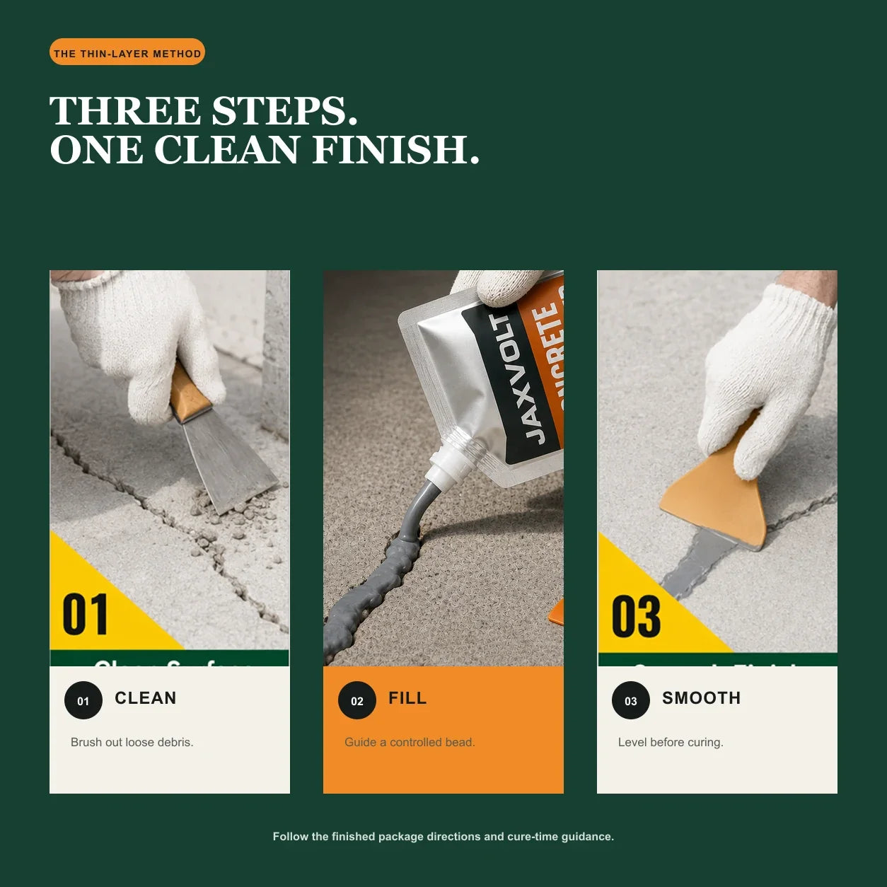 Three step concrete crack repair method clean fill and smooth