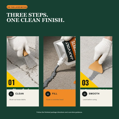 Three step concrete crack repair method clean fill and smooth