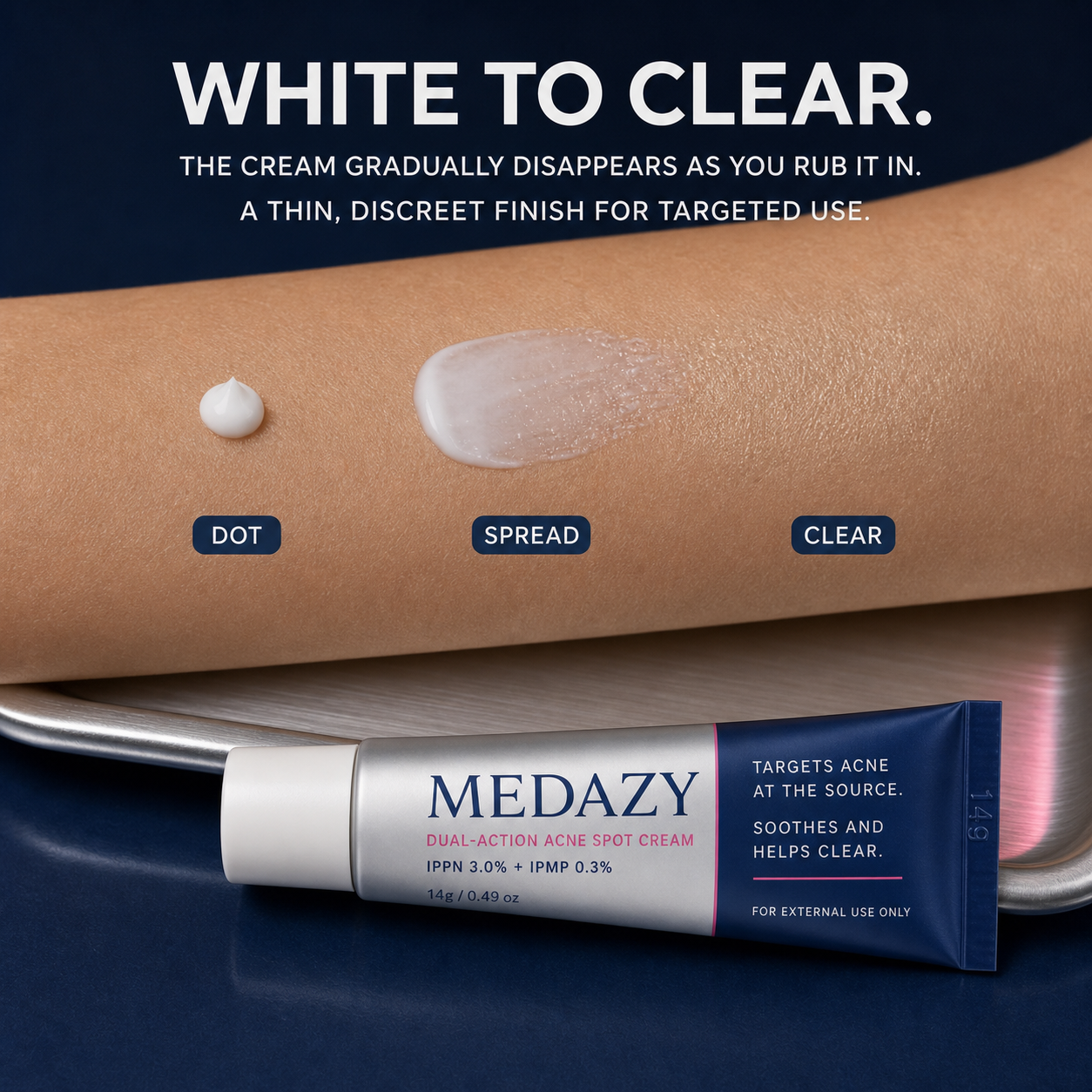 MEDAZY white cream texture spreading to a transparent finish