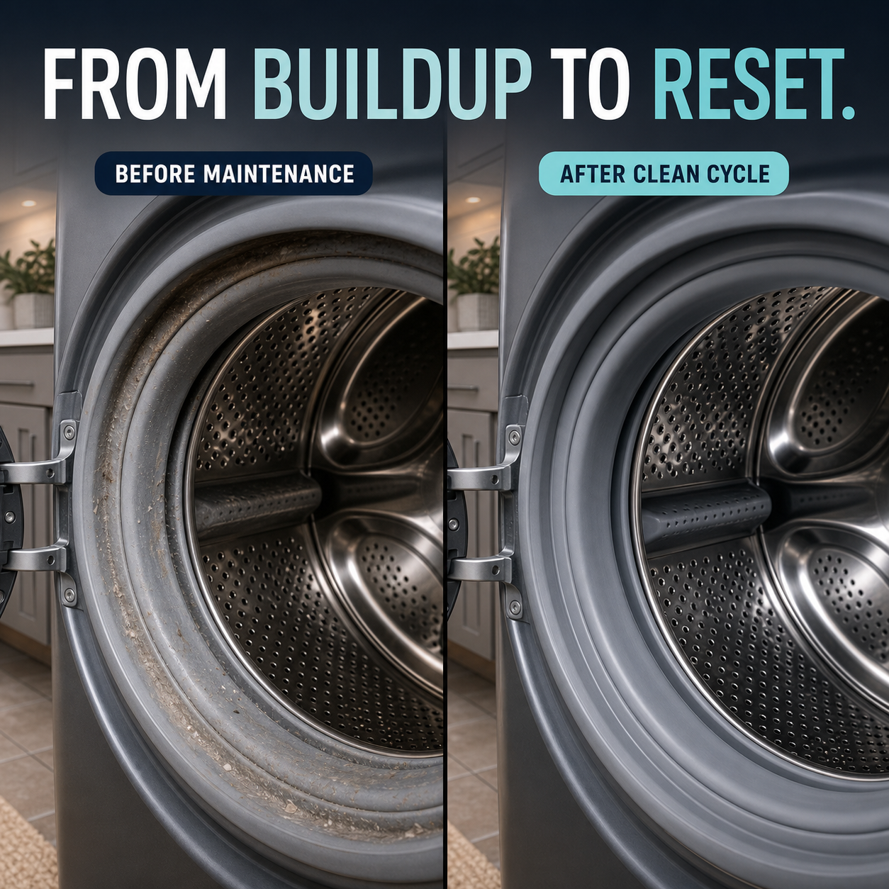 Same washing machine gasket before maintenance and after a clean cycle