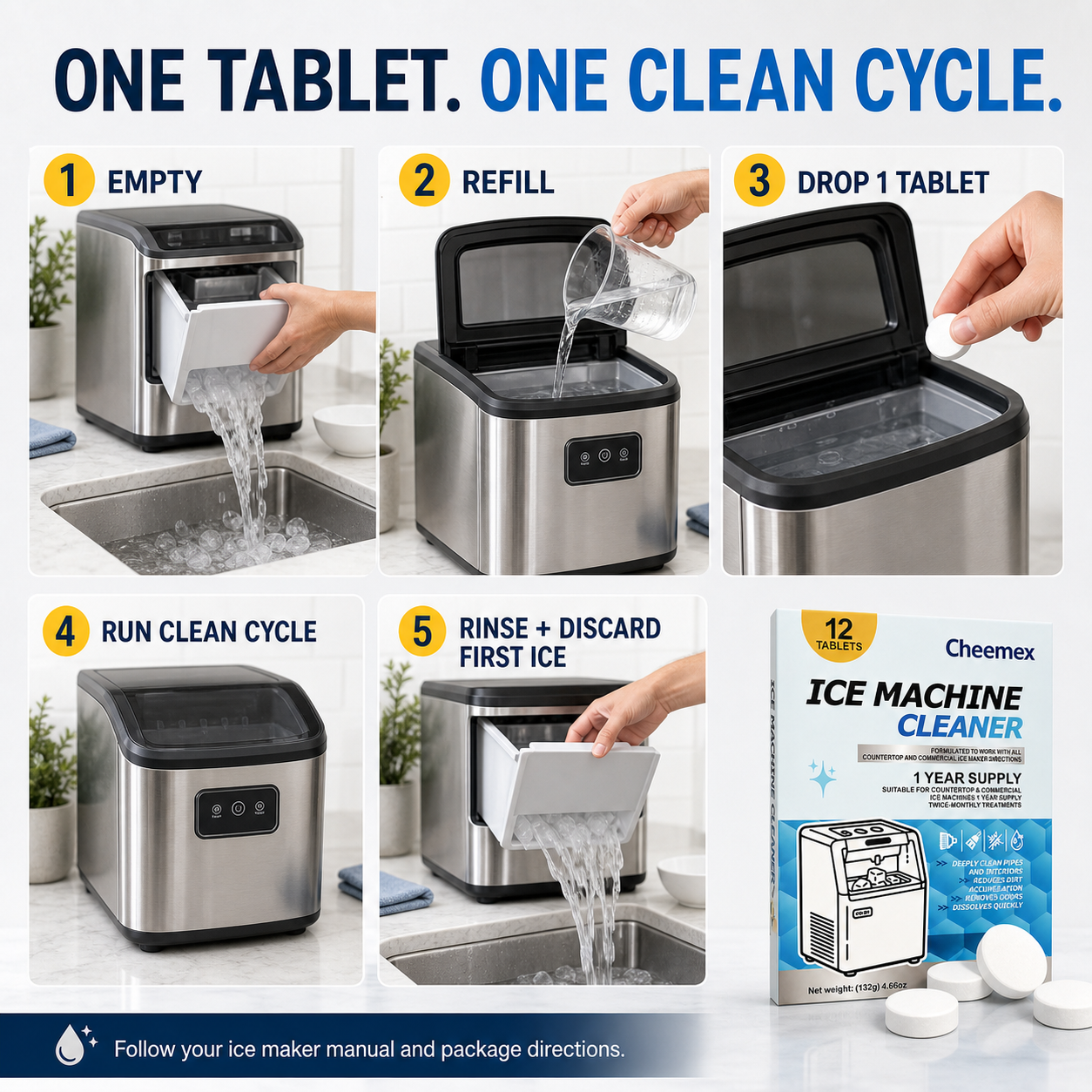 Five step Cheemex ice machine cleaner tablet maintenance cycle