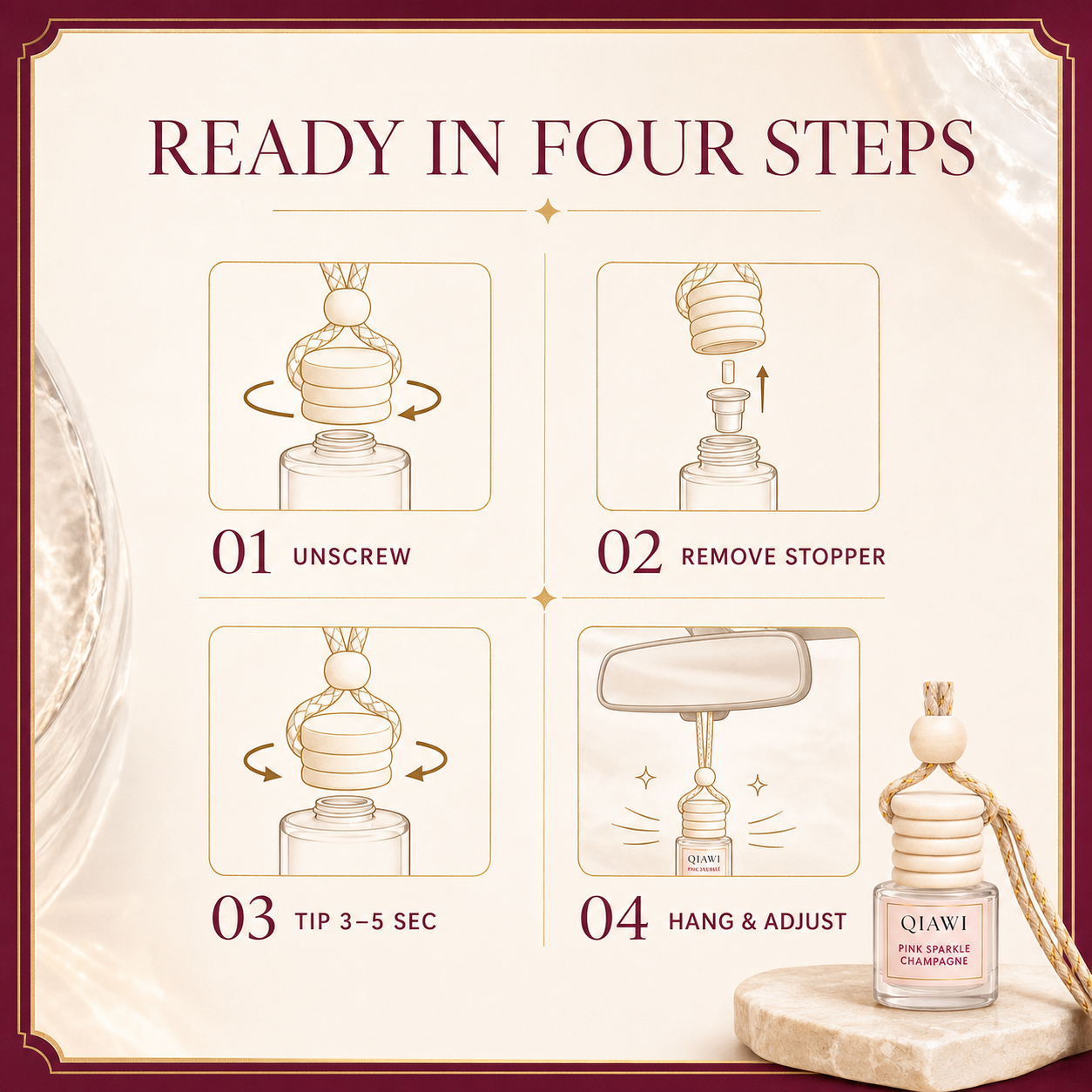 Four step guide for setting up a QIAWI hanging car diffuser