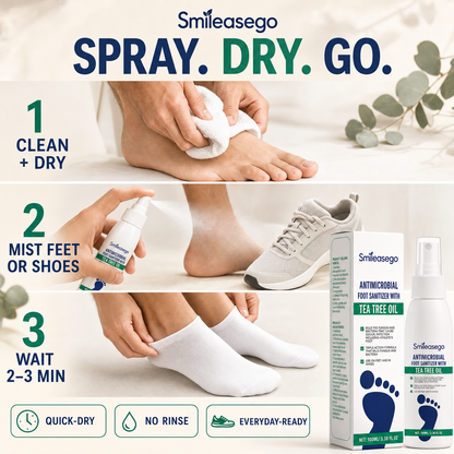 Three step guide for drying misting and waiting with Smileasego foot spray