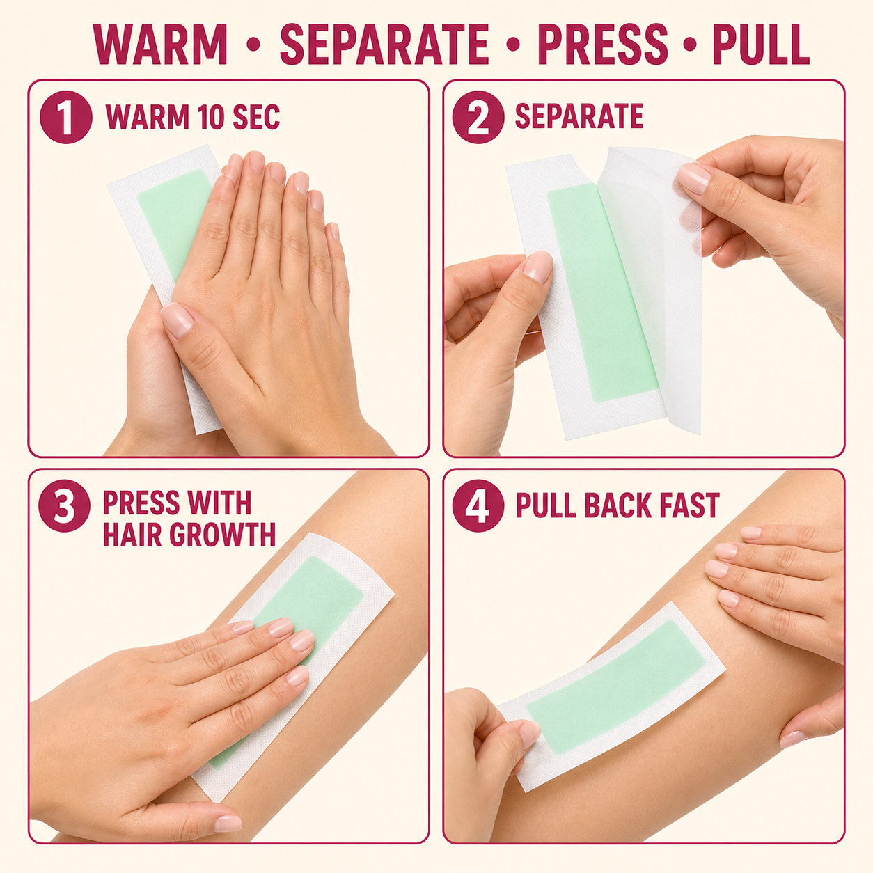 Four-step LOVILDS wax strip warm separate press and pull instructions