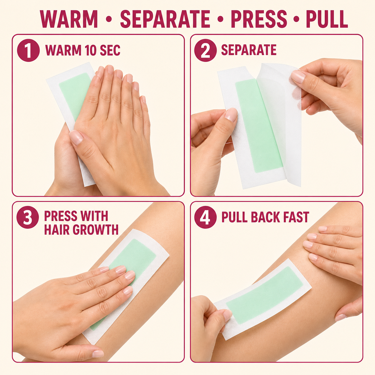 Four-step LOVILDS wax strip warm separate press and pull instructions