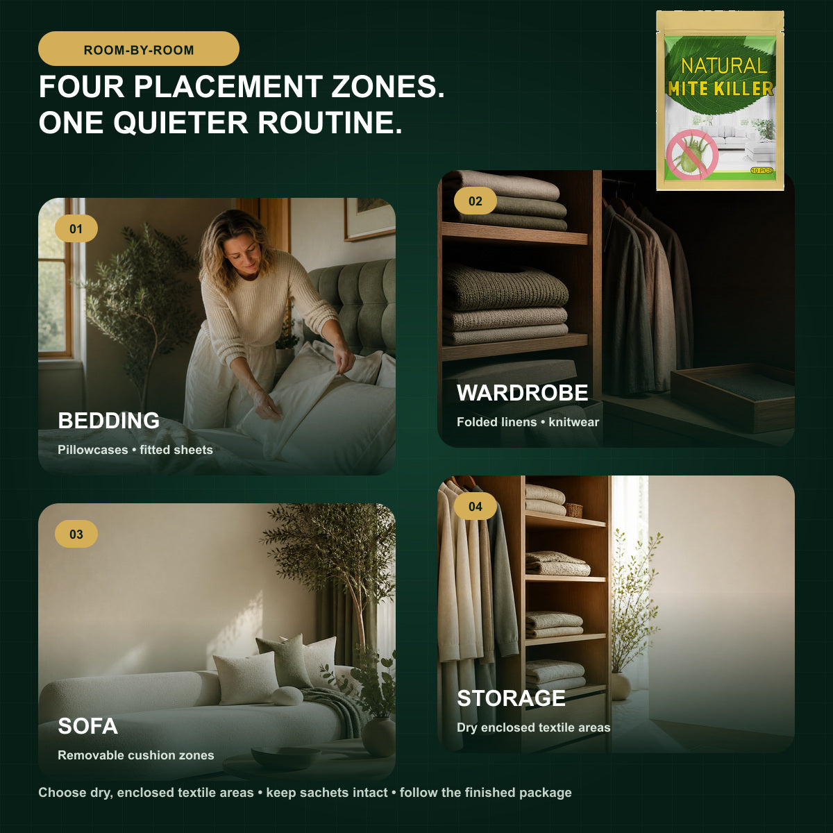Four layered home textile placement zones for Natural Mite Control sachets