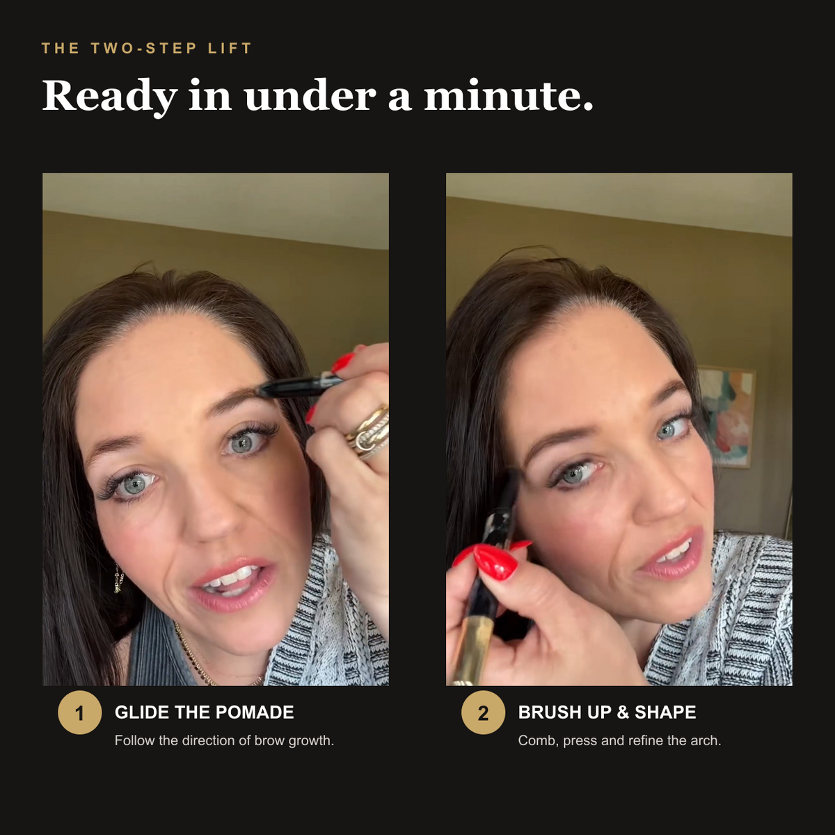 Two-step brow pomade application and brushing tutorial