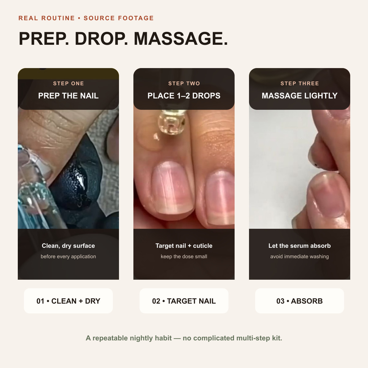 Real source routine showing nail preparation targeted application and gentle massage
