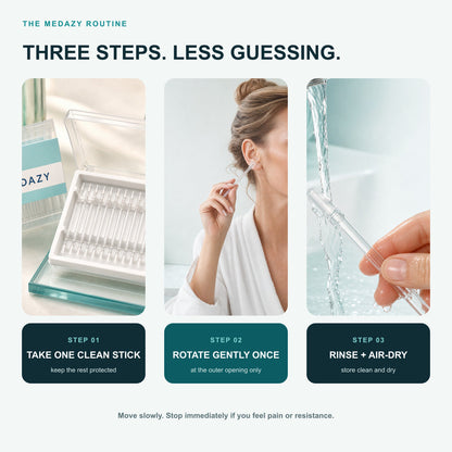 Three-step routine: take one clean stick, rotate gently, rinse and dry