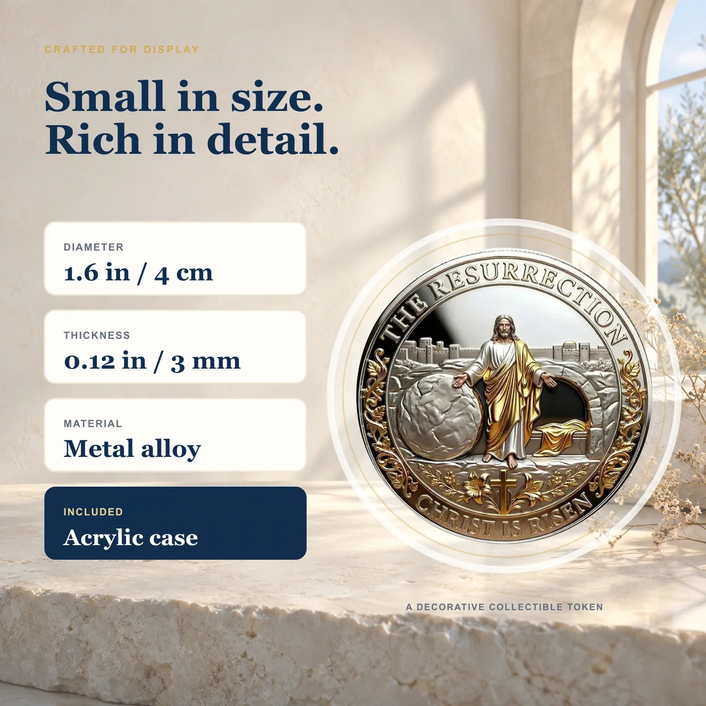 Coin dimensions and materials — 1.6 inch metal alloy token with acrylic case