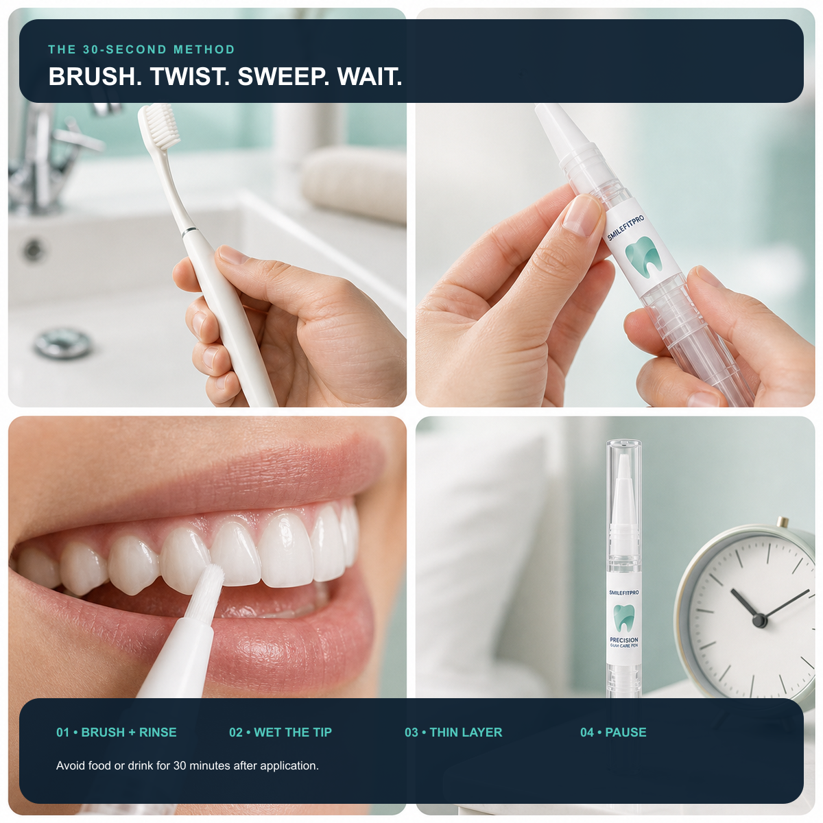 Four-step brush twist sweep and wait method for the oral care pen