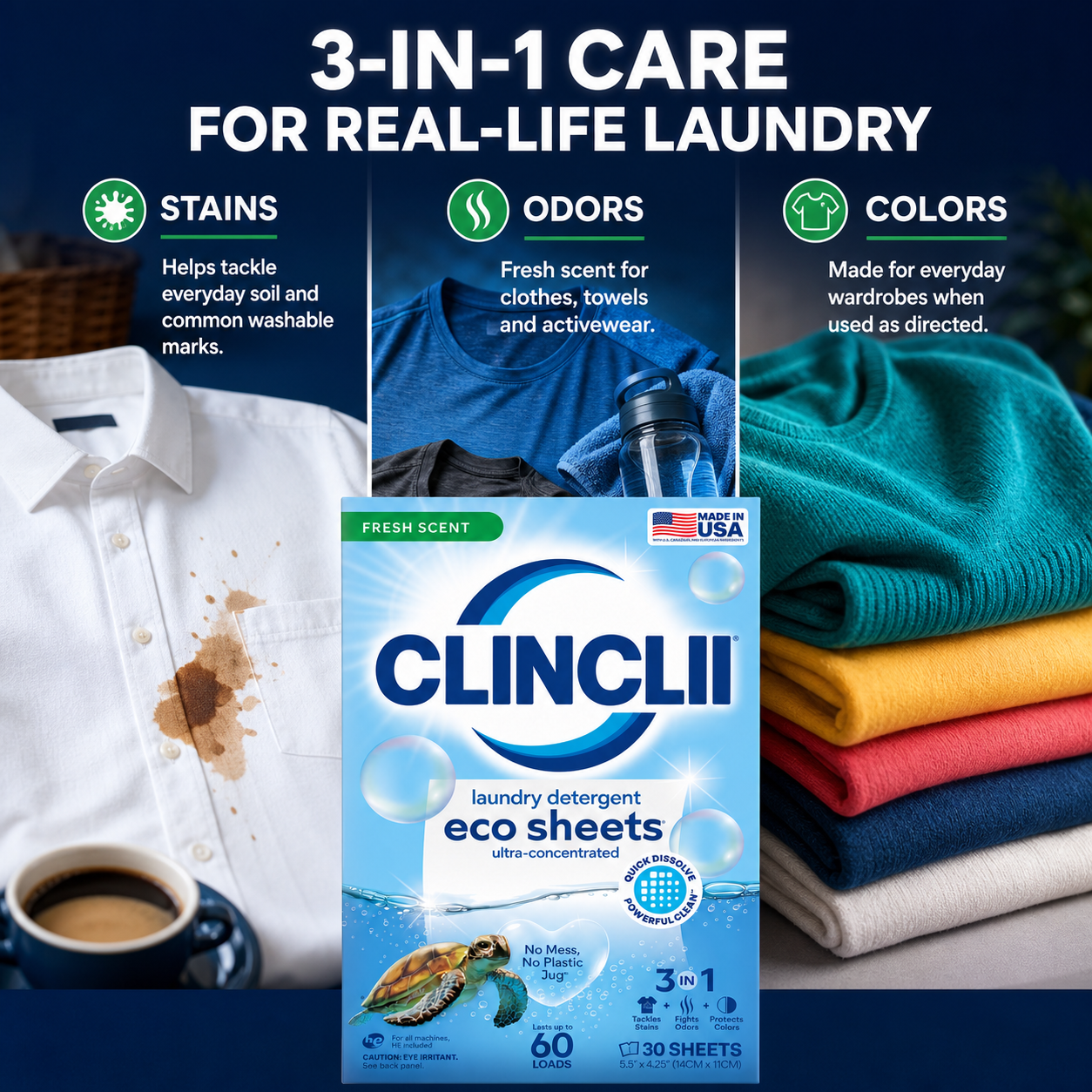 CLINCLII three in one care for stains odors and colors in English