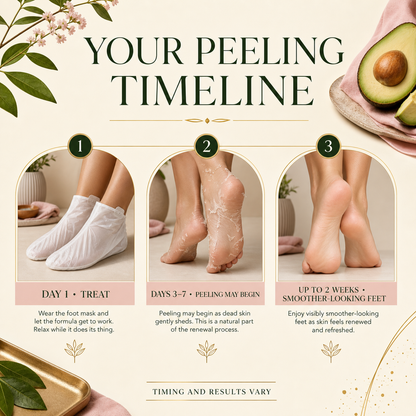 Foot peel mask timeline from treatment day through smoother-looking feet
