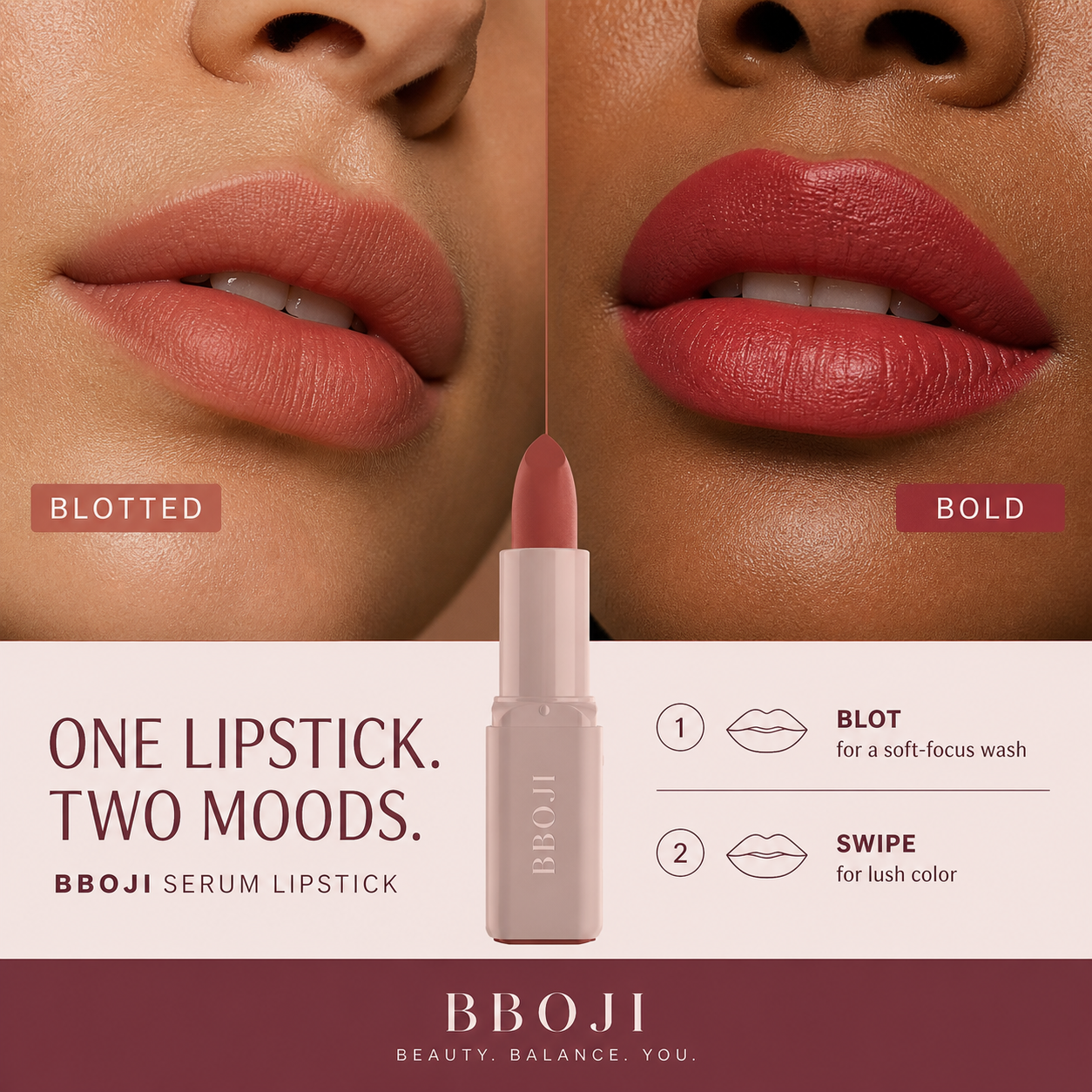 BBOJI serum lipstick worn blotted and bold