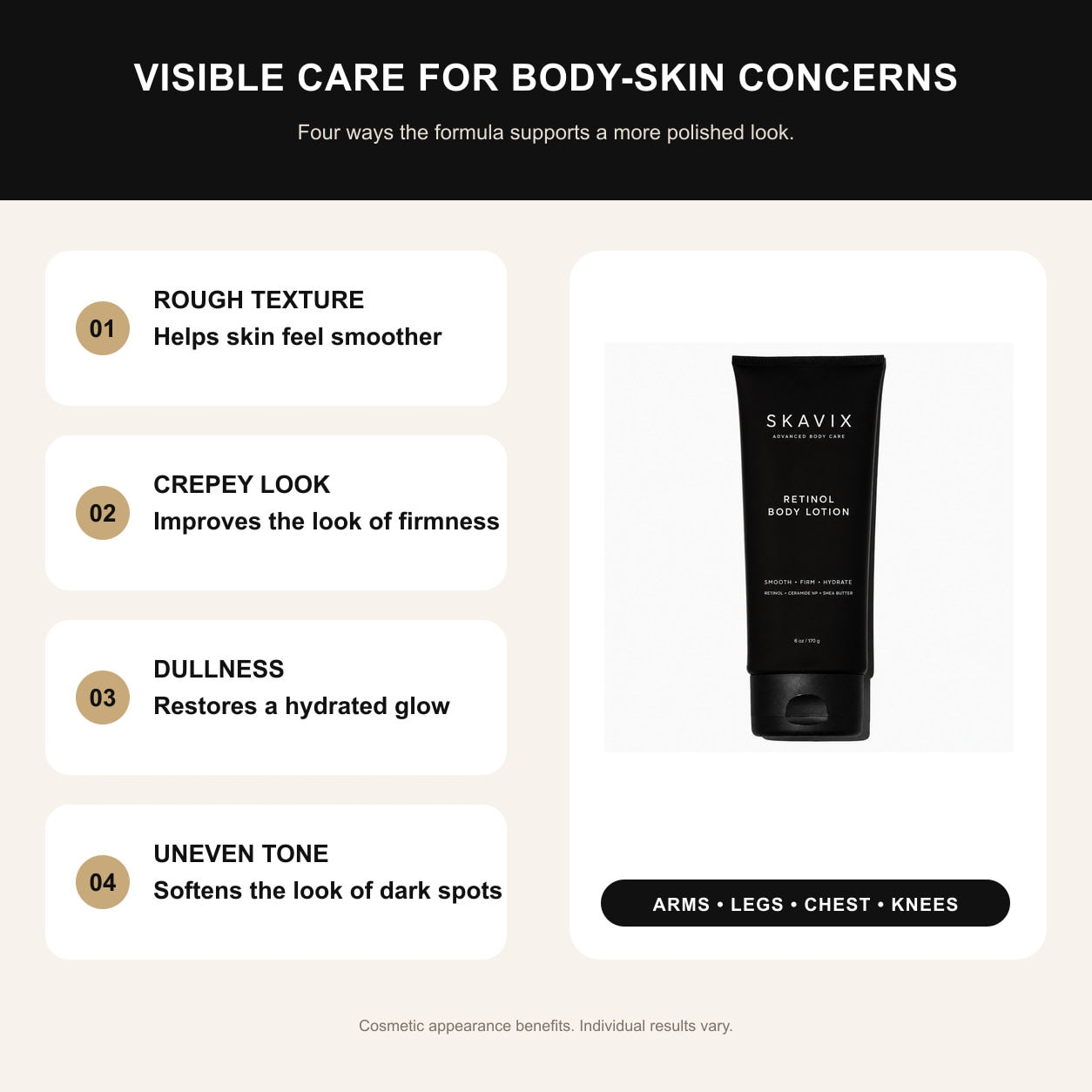 SKAVIX benefits for rough texture crepey-looking skin dullness and uneven tone