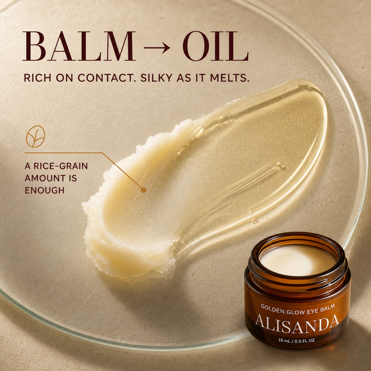 ALISANDA eye balm melting from balm to golden oil texture