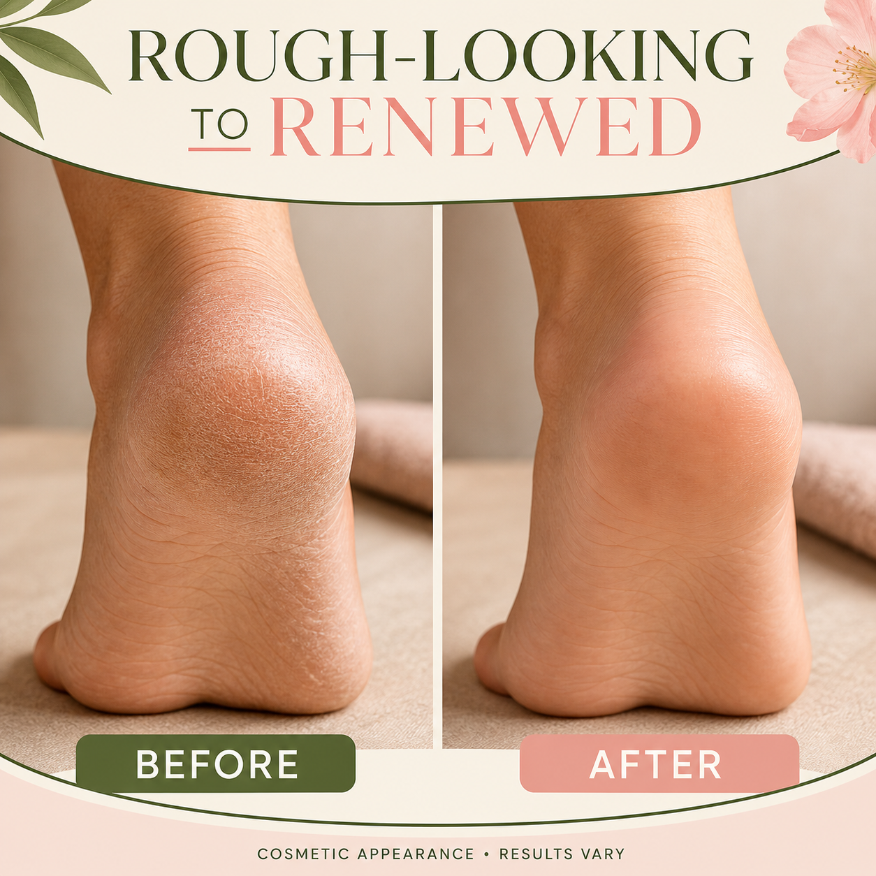 Realistic before and after comparison of rough-looking and smoother-looking heel texture