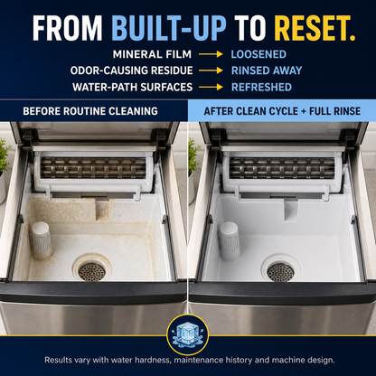 Same ice maker interior before routine cleaning and after a full clean and rinse