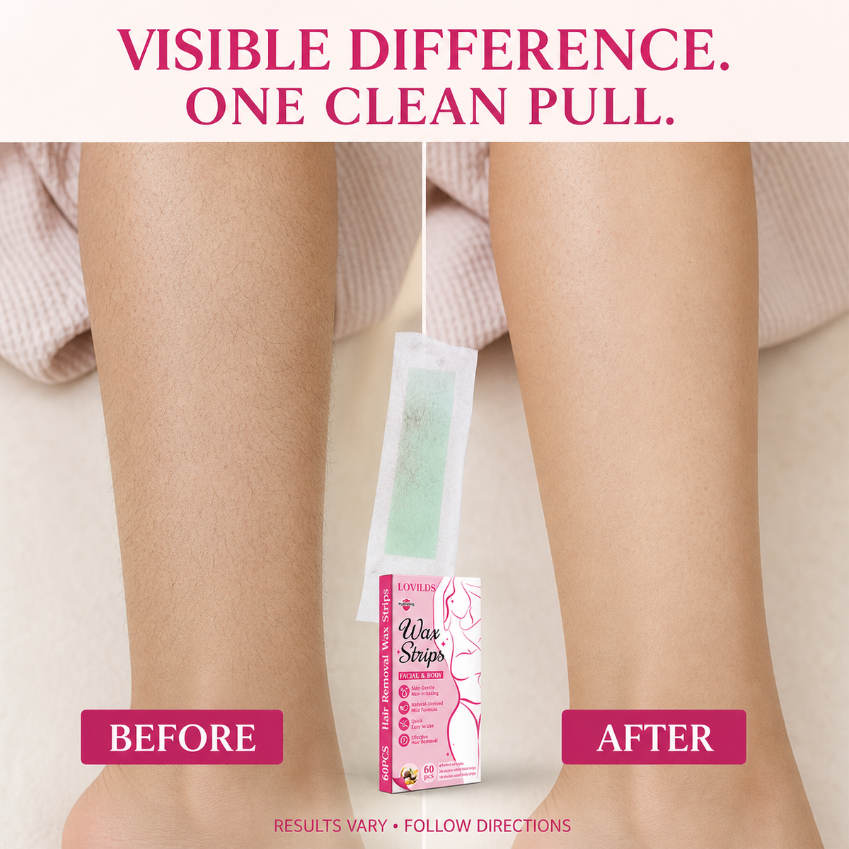 Realistic lower-leg hair before and smooth-looking skin after using a wax strip