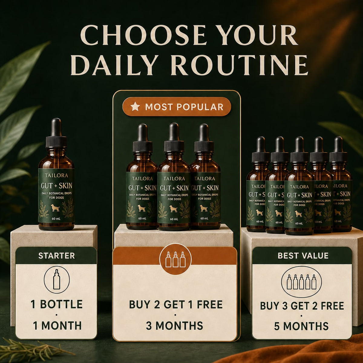 One three and five bottle TAILORA daily routine bundles