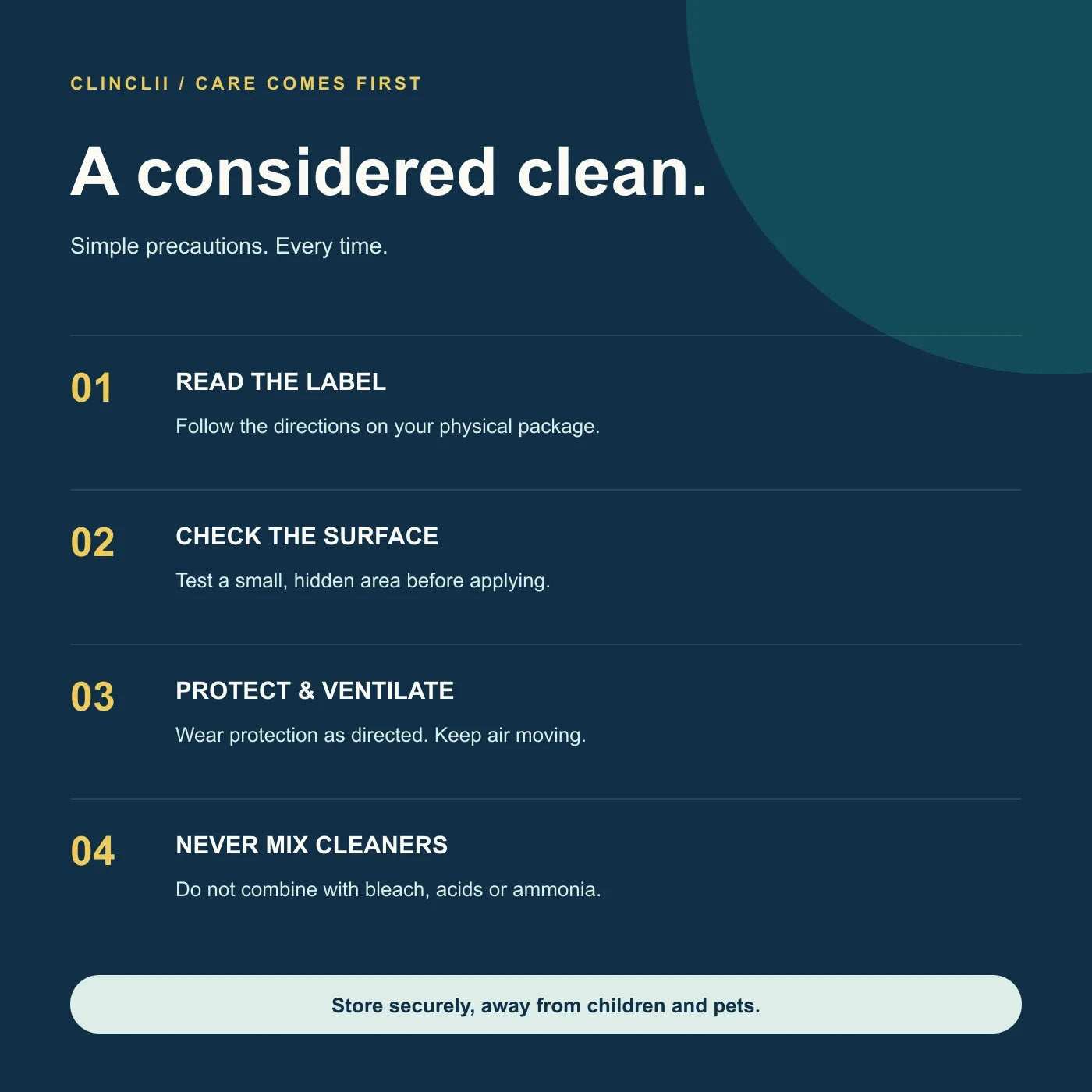 Clinclii care guide — read label, patch test, protect, ventilate and never mix cleaners
