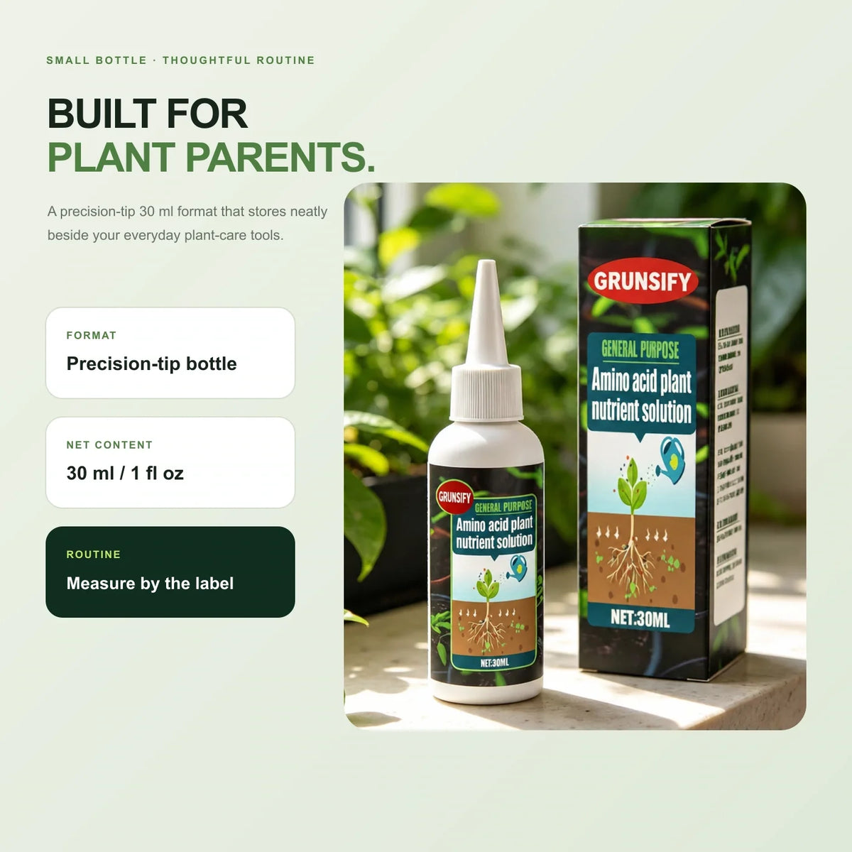 Grunsify 30 ml precision-tip bottle and product box in a plant-filled home