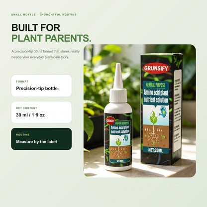 Grunsify 30 ml precision-tip bottle and product box in a plant-filled home