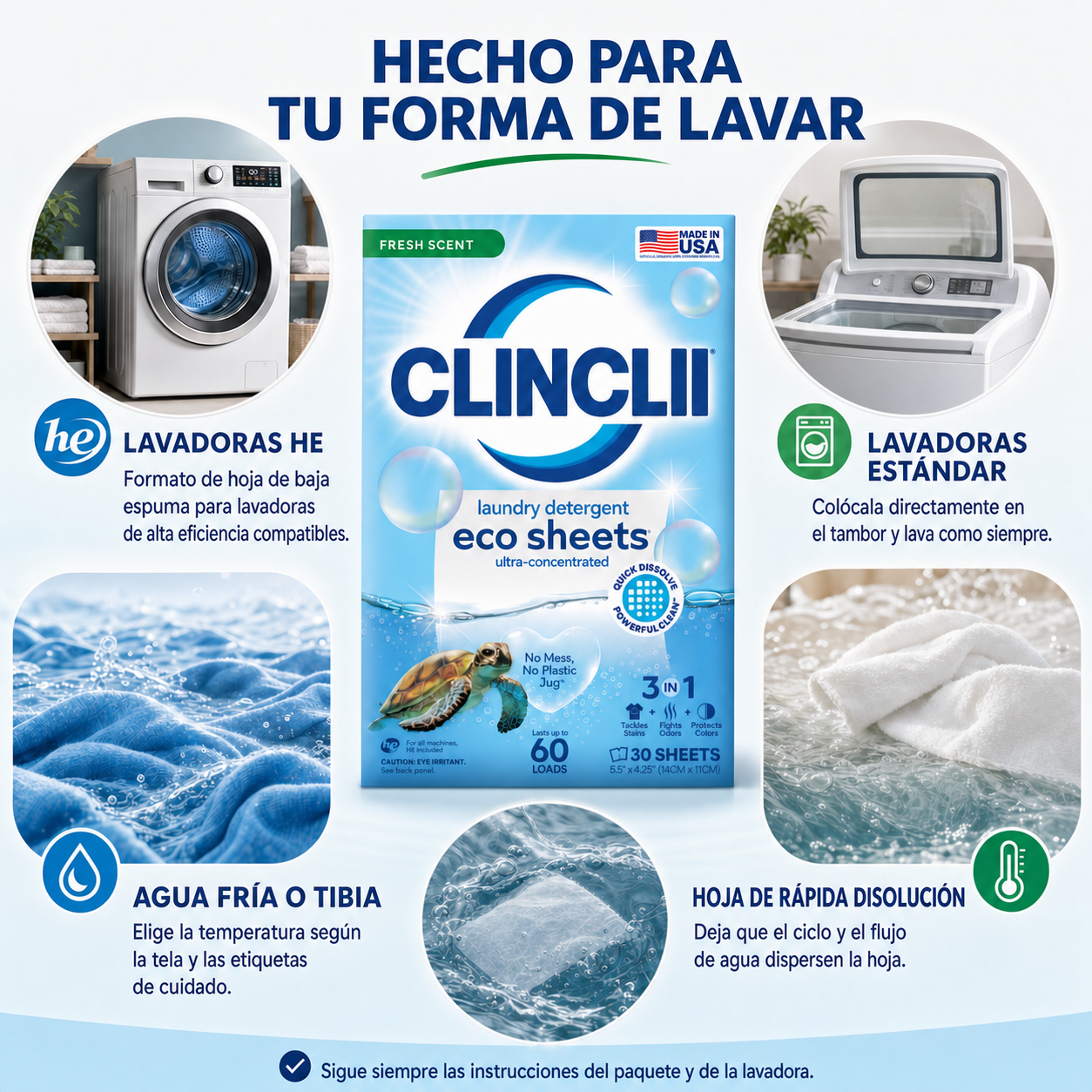 Compatibilidad de hojas CLINCLII con lavadoras HE estándar y ciclos fríos o tibios