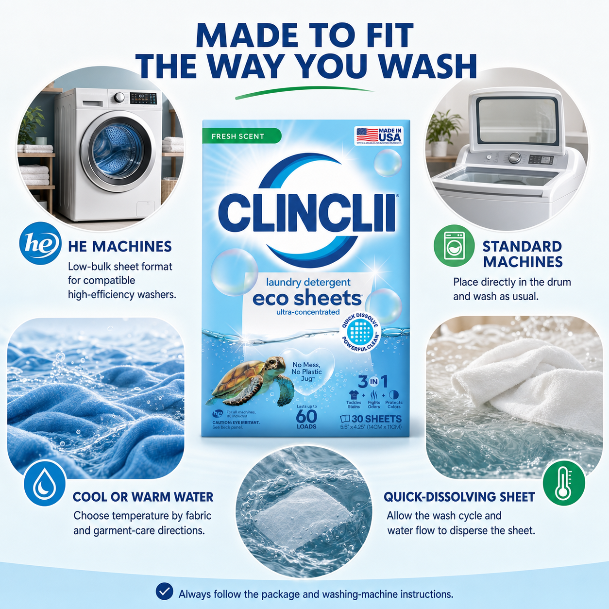 CLINCLII sheets compatibility with HE standard cool and warm wash cycles in English