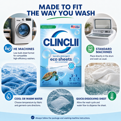 CLINCLII sheets compatibility with HE standard cool and warm wash cycles in English