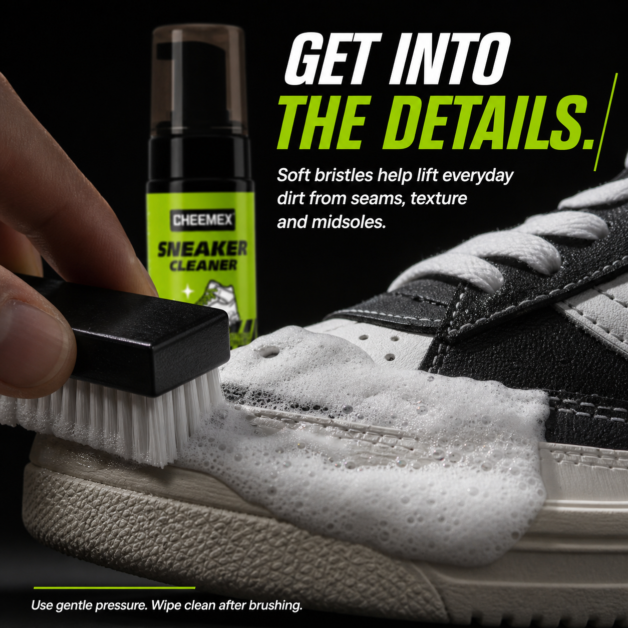 Soft sneaker brush working foam into seams and midsoles