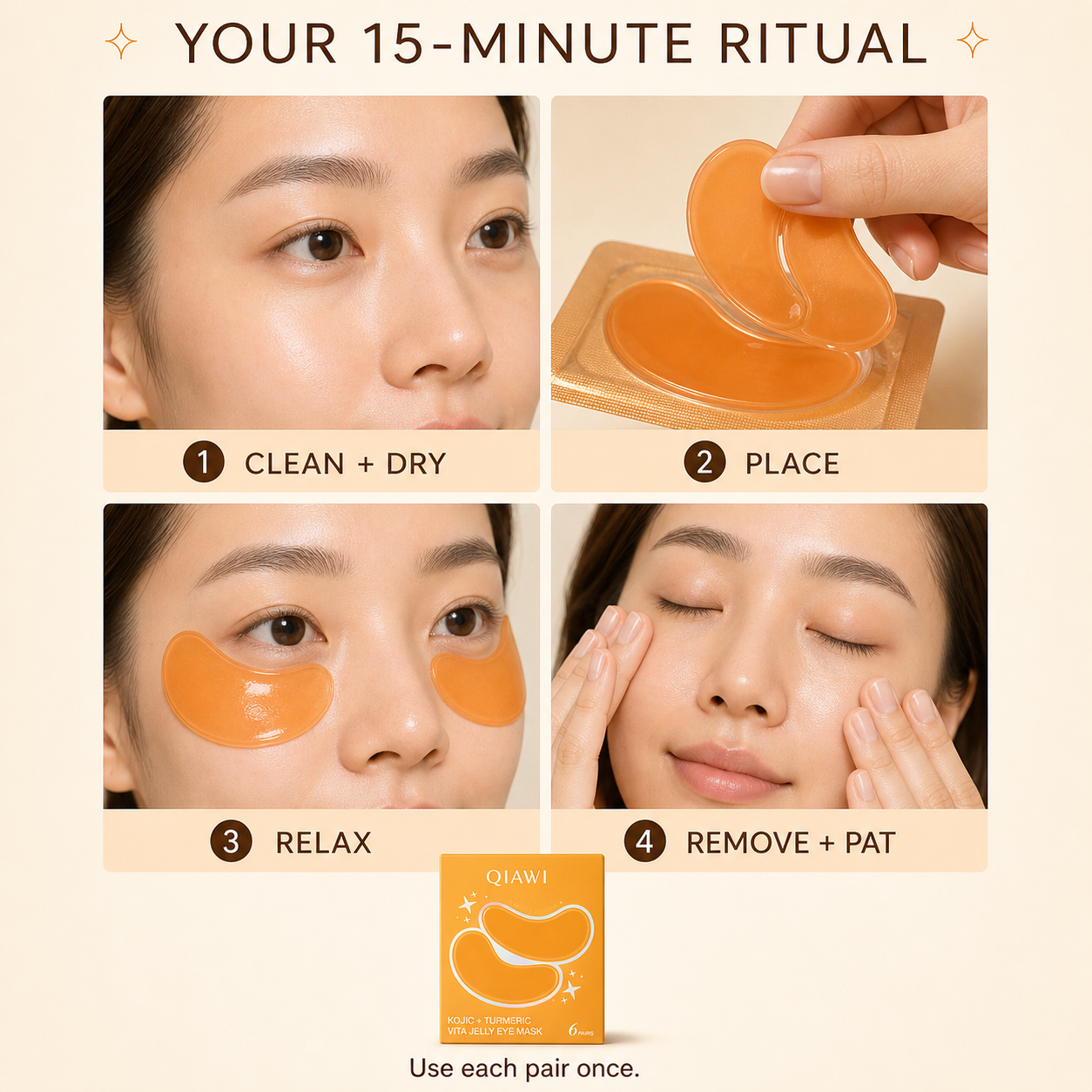 Four-step guide for applying QIAWI Vita Jelly Eye Mask