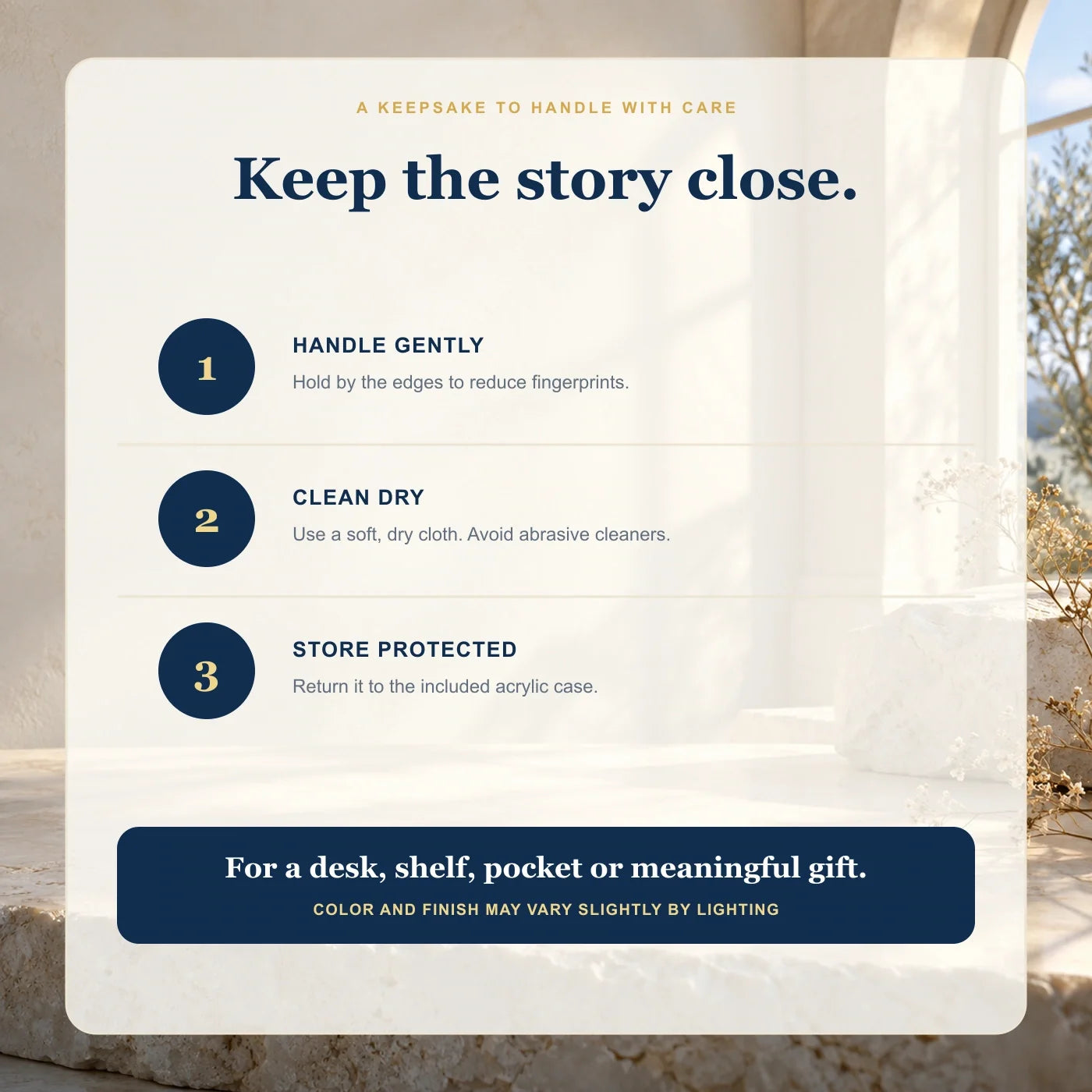 Care guide for the decorative commemorative coin and acrylic case