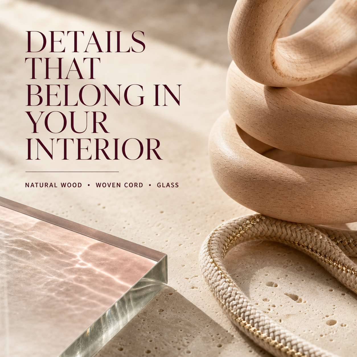 Natural wood woven cord and glass material details for a hanging diffuser