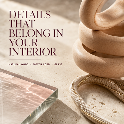 Natural wood woven cord and glass material details for a hanging diffuser