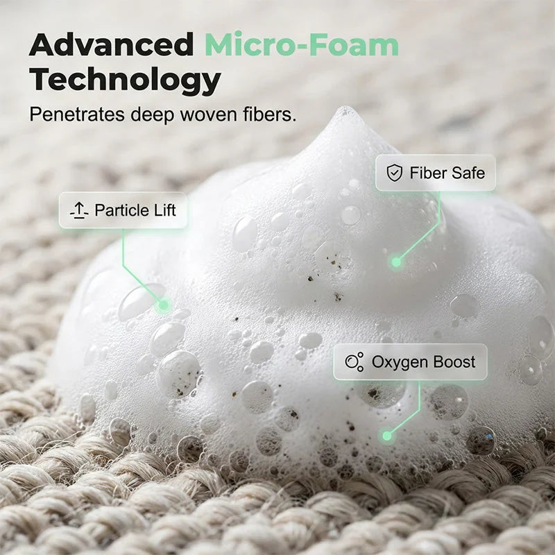 Reference view of dense foam lifting visible dirt from woven fibers