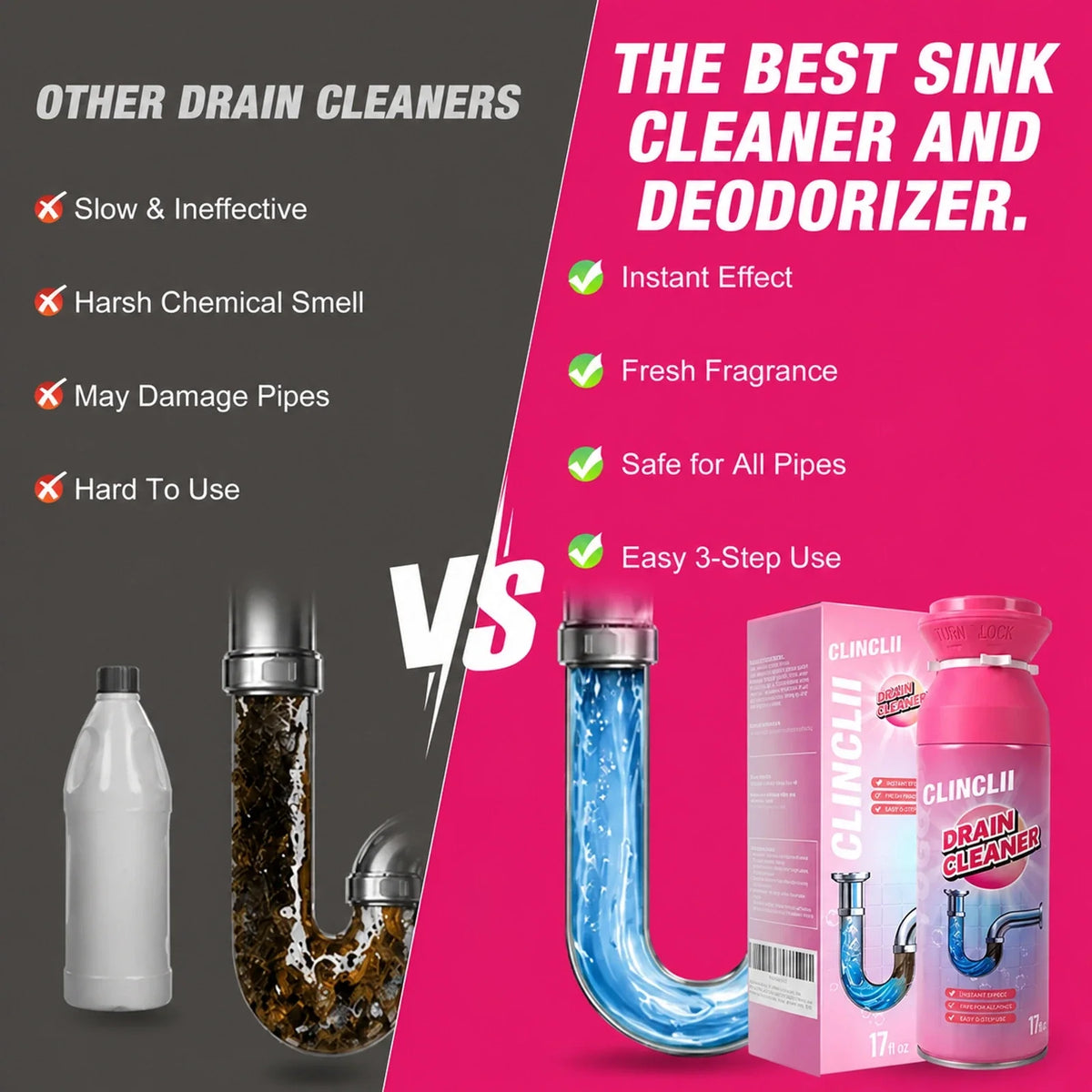 Clinclii foam drain cleaner comparison with clear and clogged pipe illustrations