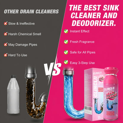 Clinclii foam drain cleaner comparison with clear and clogged pipe illustrations