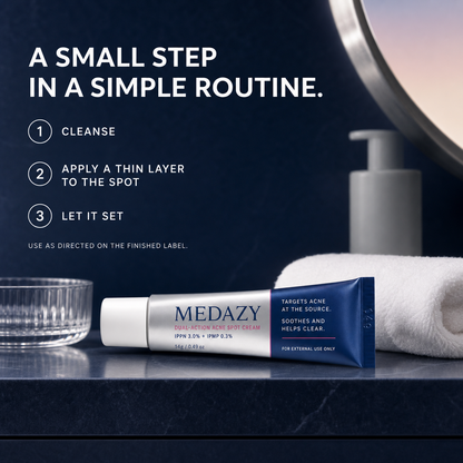MEDAZY acne spot cream in a simple cleanse treat and set routine