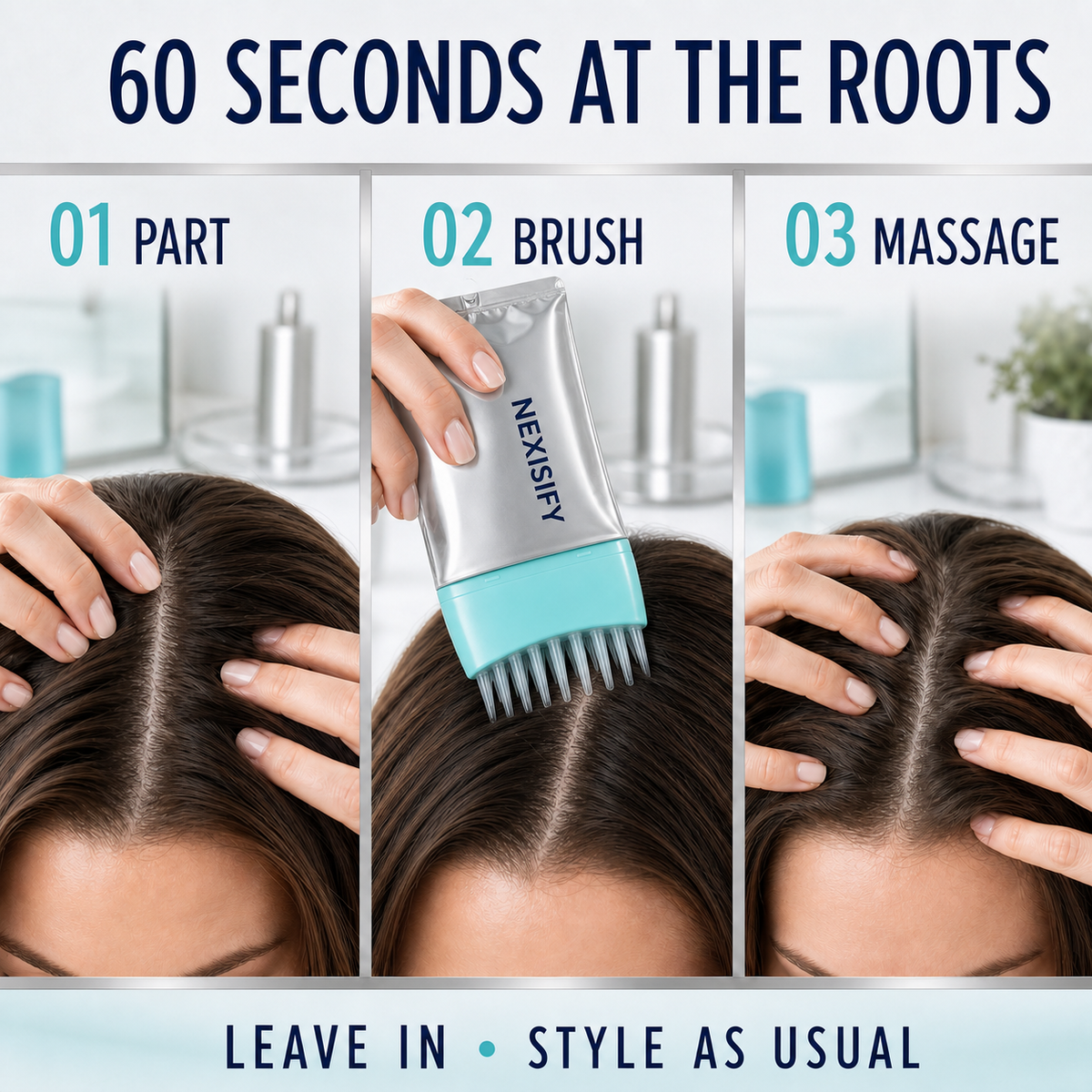 Correct three step part brush and massage routine with the integrated pouch applicator
