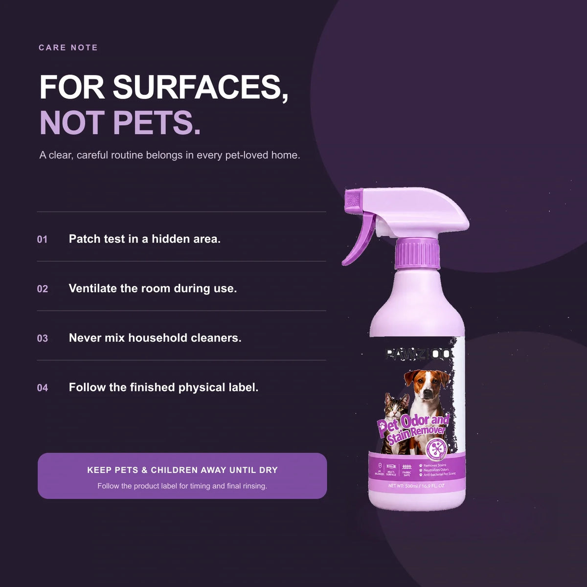 Surface care notes — patch test, ventilate and never mix cleaners