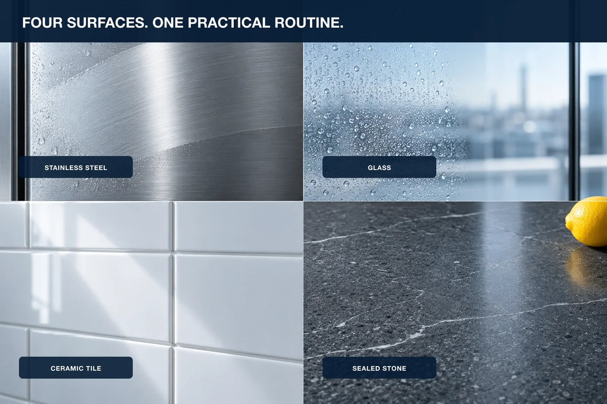 Stainless steel, glass, ceramic tile and sealed stone surface guide