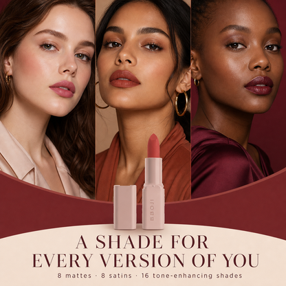 Three women wearing cool pink, terracotta and burgundy BBOJI lipstick shades