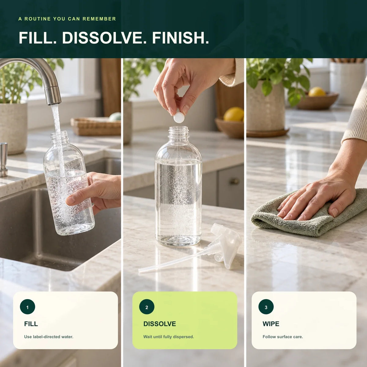 Three-step fill, dissolve and wipe cleaning routine