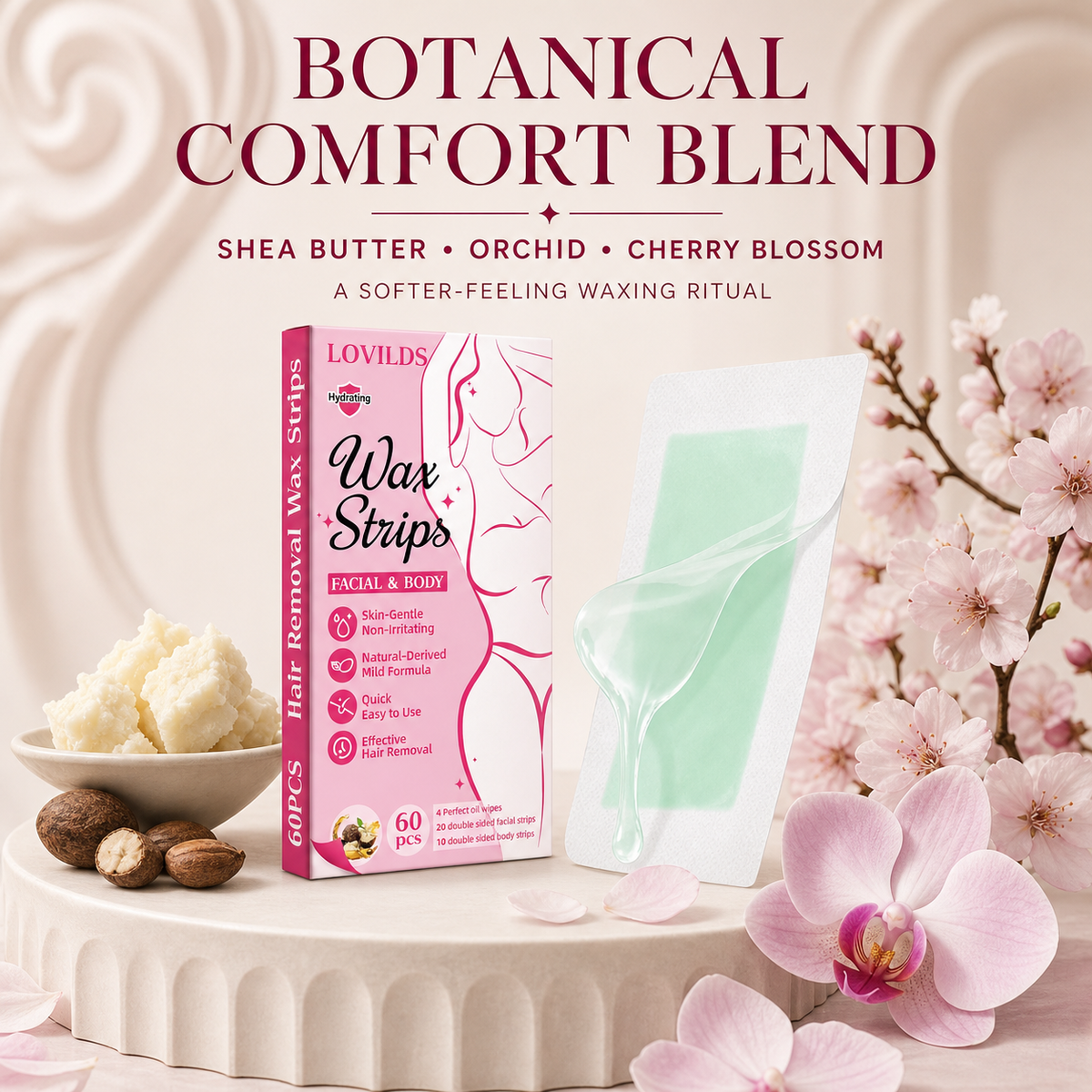 LOVILDS wax strips with shea butter orchid and cherry blossom ingredient story