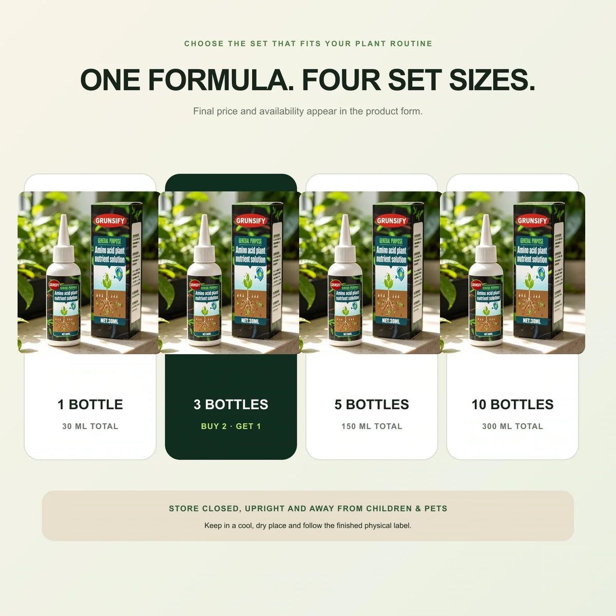 Grunsify one, three, five and ten bottle set options