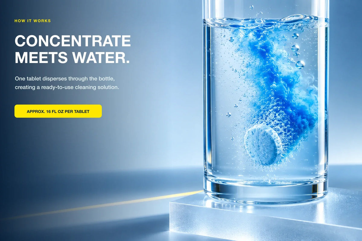 Blue cleaning tablet dissolving in water