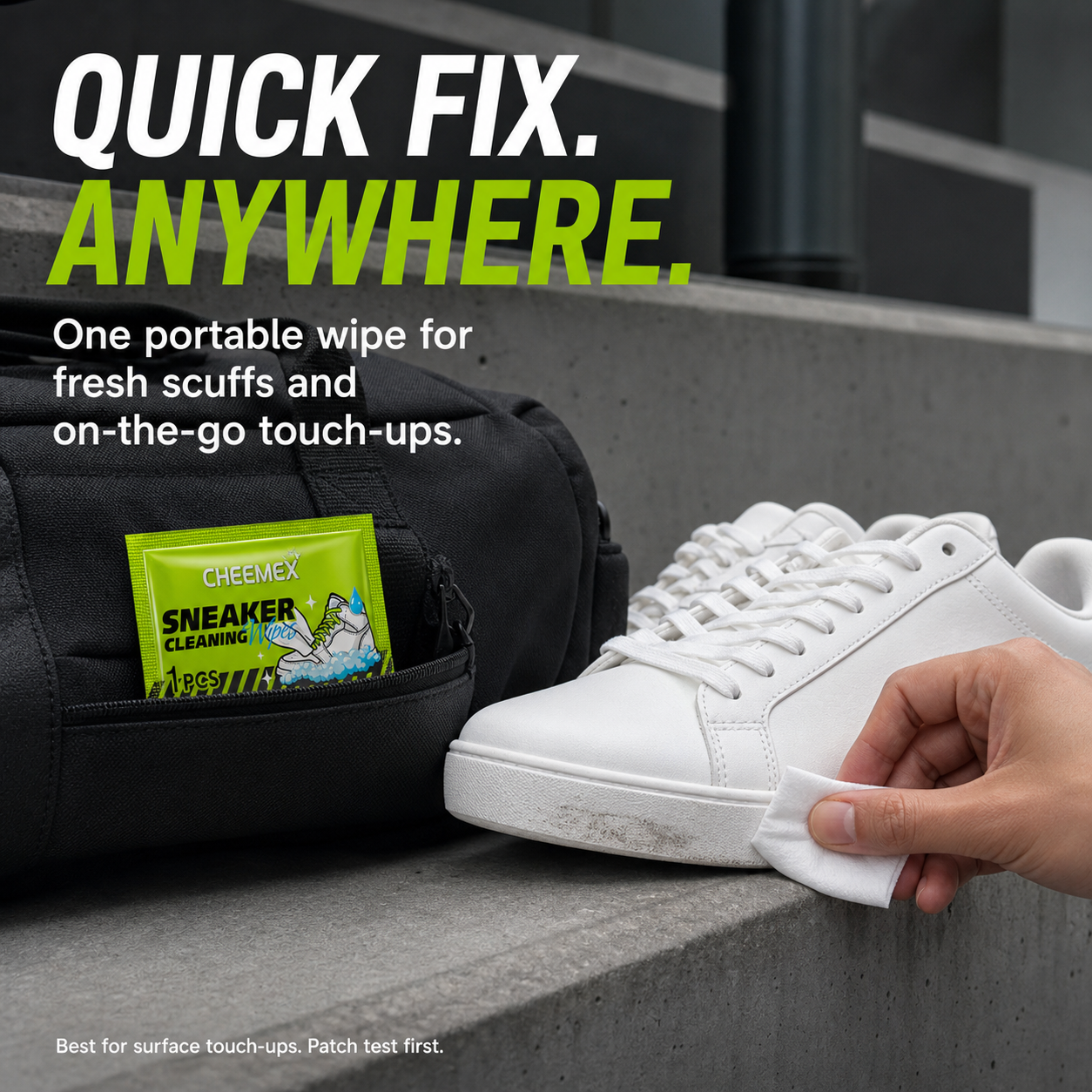 Portable CHEEMEX sneaker wipe for on-the-go touch-ups